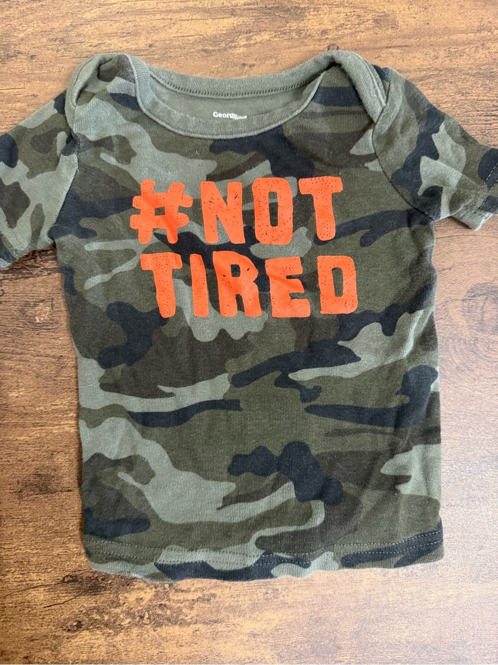 ⭐️5 for $20⭐️George Camo Tee with Bright Orange "#NOT TIRED" Graphic 6-12M